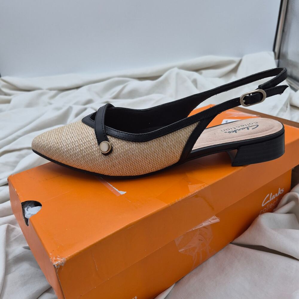 NEW Clarks Natalyn Sling Pointed Toe Flats Natural Raffia & Black women SZ 10 W - Picture 4 of 10